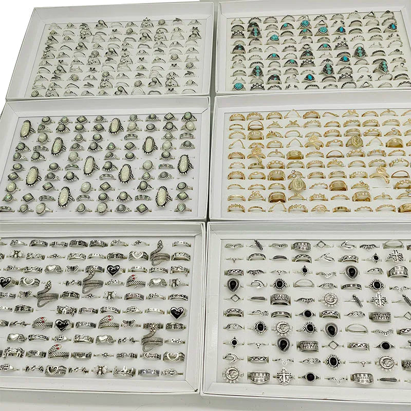 50pc/Lot Wholesales Women Gold Antique Silver Plate Enamel Opal Crystal Snake Rings