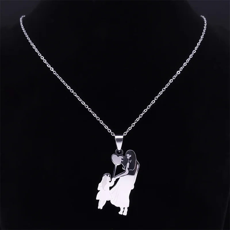 Mother Kids Stainless Steel Silver Color Mom Daughter Love Heart Necklace