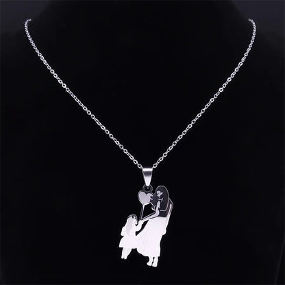 Mother Kids Stainless Steel Silver Color Mom Daughter Love Heart Necklace