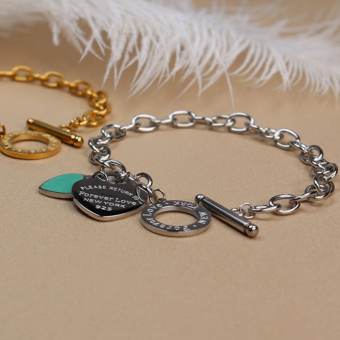 Fashion Stainless Steel Gold Color Double Heart Pendant Design FOREVER LOVE Bracelet Bangle