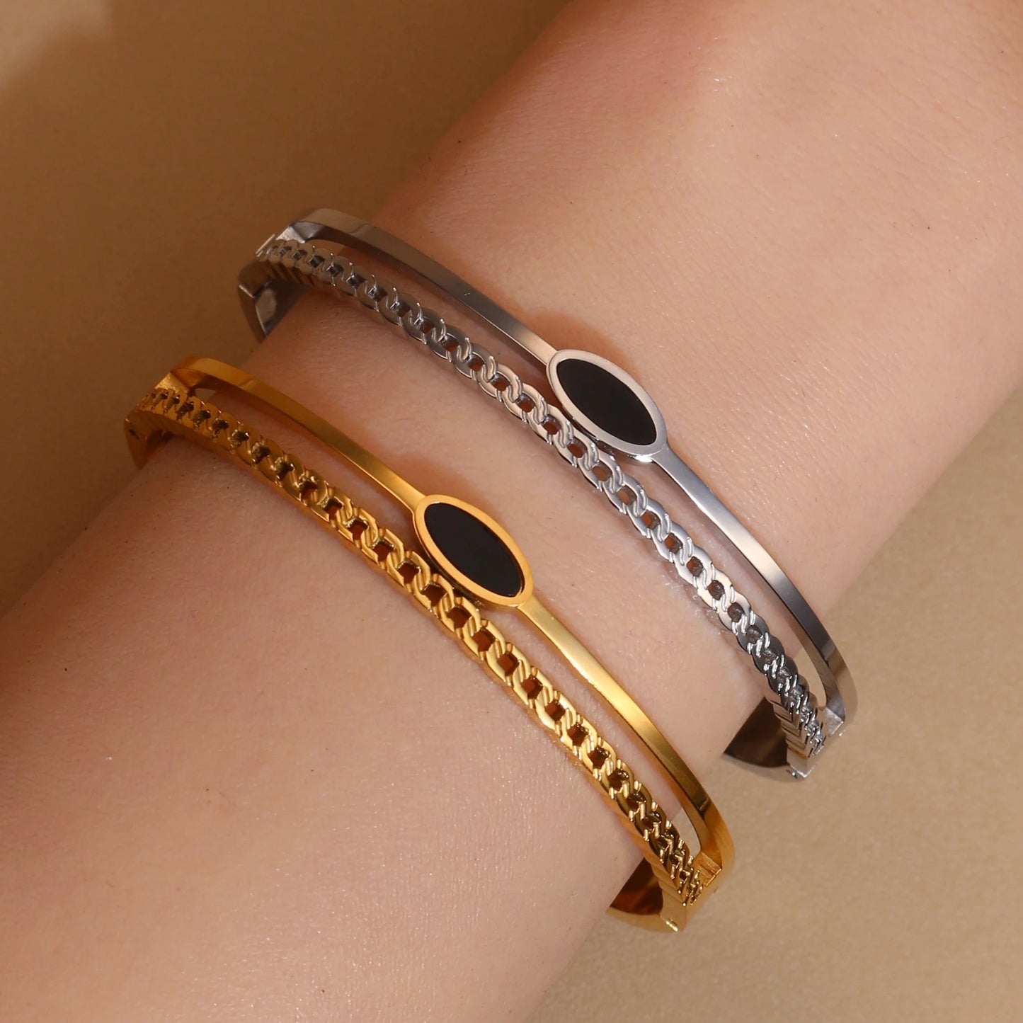 Luxury 2-In-1 Wedding Gold Black Acrylic Stainless Steel Ring Bangles Set