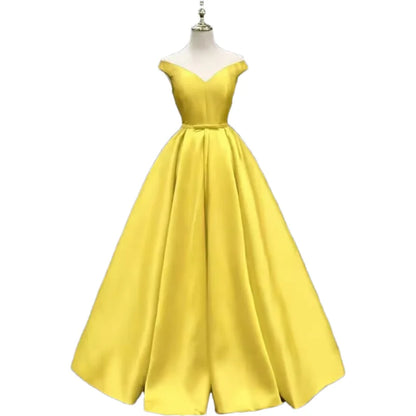 Off-Shoulder A-Line Satin Formal Women Prom Long Evening Party Gown Dress w/ Pockets