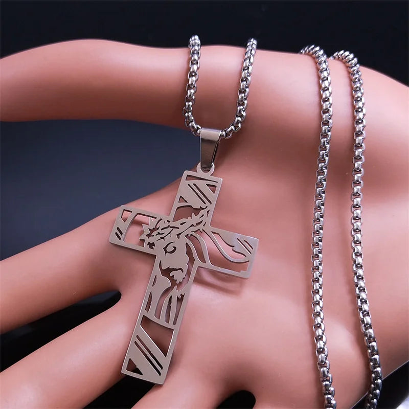 Men Stainless Steel Crucifix Jesus Christ God Cross Crown of Thorns Chain Necklace