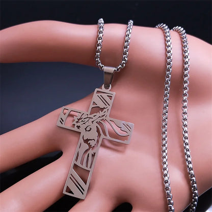 Men Stainless Steel Crucifix Jesus Christ God Cross Crown of Thorns Chain Necklace