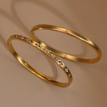 2-in-1 Women 18 K Gold Plated Zircon Stainless Steel Curved Bracelet Gift Bangle