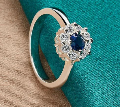 925 Sterling Silver Bule Round Zircon Women Man Fashion Wedding Engagement Party Charm Ring