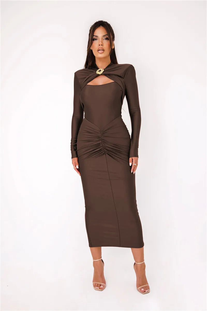 Women Elegant Hollow Out Long Sleeve Maxi  Metal Buckle Ruched Slit Long Dress