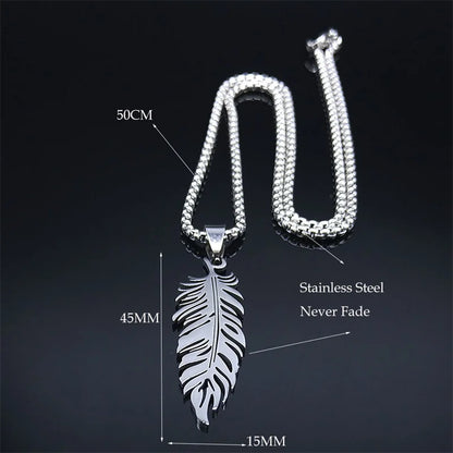 Boho Leaf Feather Women Men Stainless Steel Silver Color Chain Pendant Necklace