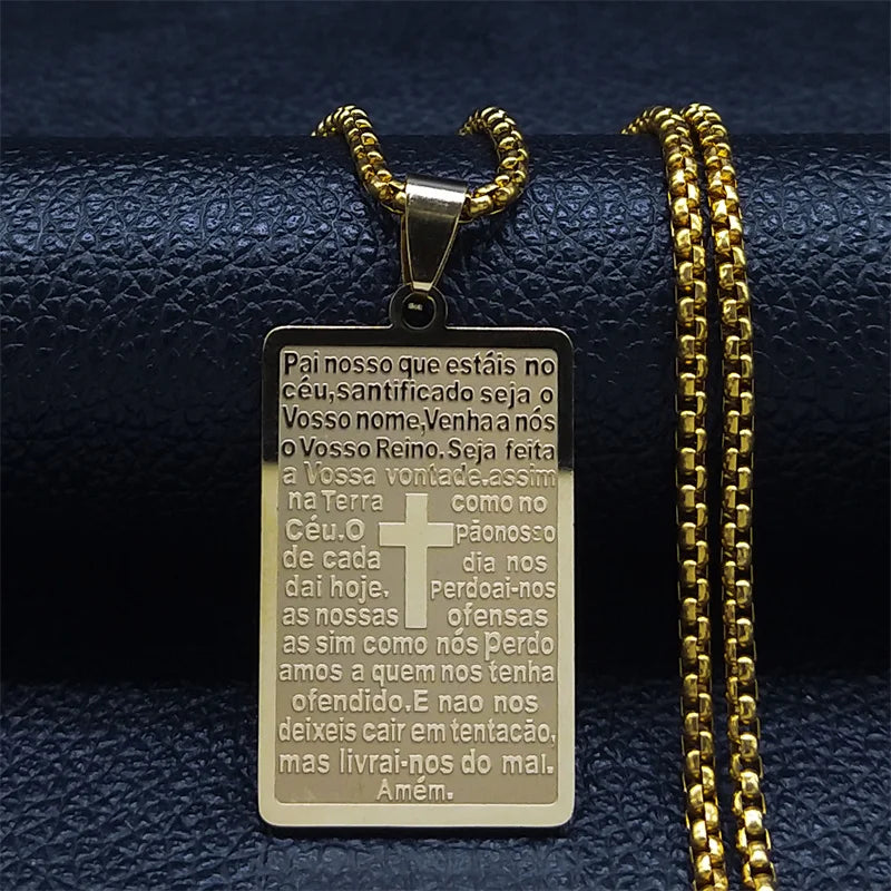 Men Women Stainless Steel Portuguese Religious Christian Cross Bible Verse Prayer Necklace