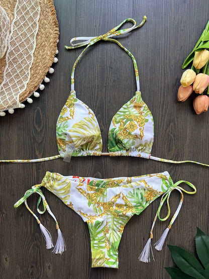 Sexy Print Bandage Women Swimsuit Two-piece Triangle Halter Swimwear Bathing Brazilian Bikinis Suit