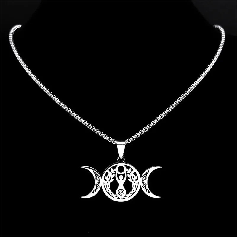 Women Men Stainless Steel Silver Color Amulet Witch Triple Moon Goddess Luna Necklace