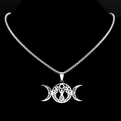 Women Men Stainless Steel Silver Color Amulet Witch Triple Moon Goddess Luna Necklace