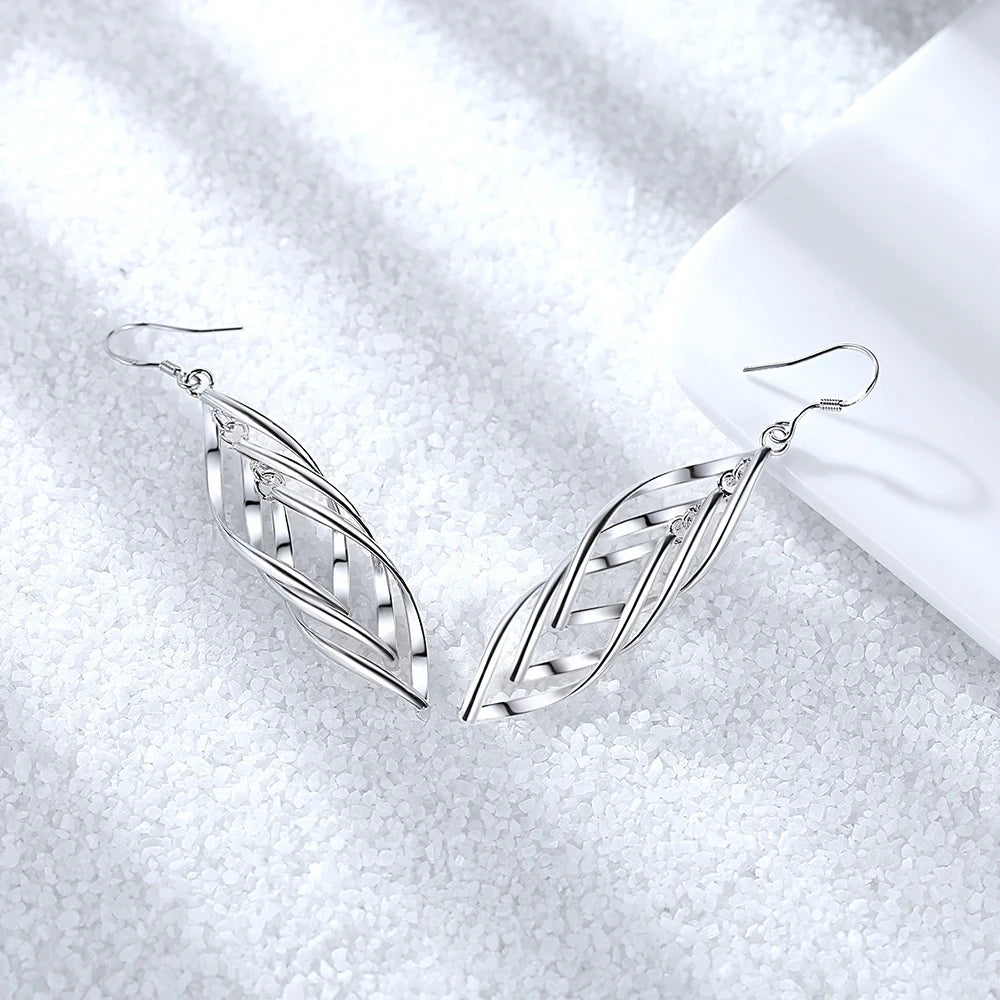 Solid 925 Sterling Silver Women's Multi Layers Hollow Leaf Drop Earrings