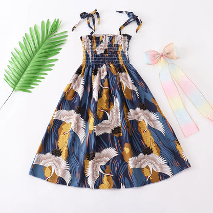 Kids Girls Floral Sling Ruffles Bohemian Beach Princess Birthday Party Dress w/ Necklace