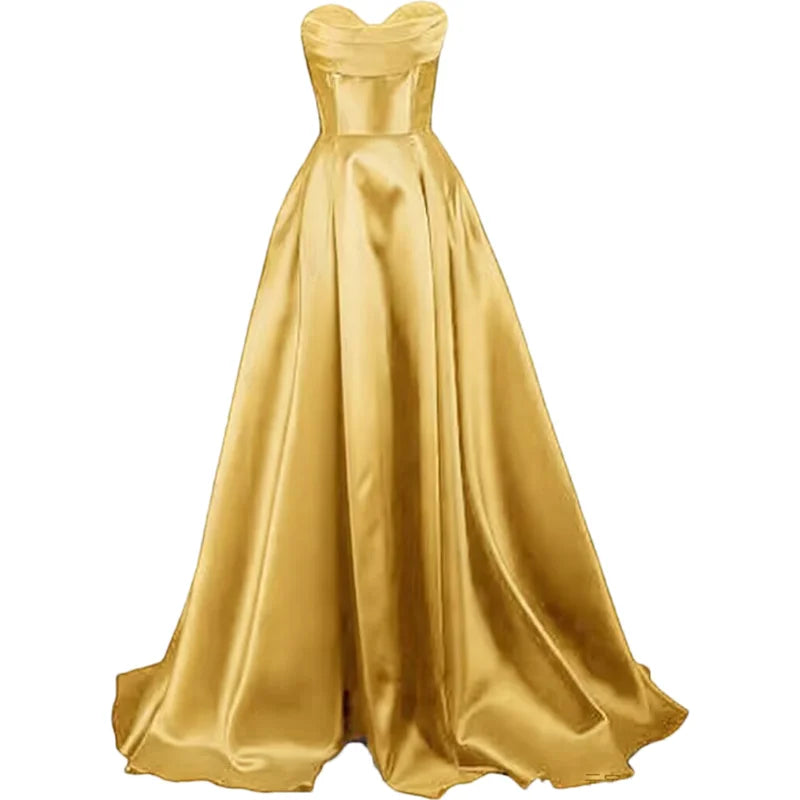 Sweetheart Strapless Pleat Satin Prom Women Long A Line Corset Formal Evening Party Dress w/ Pockets