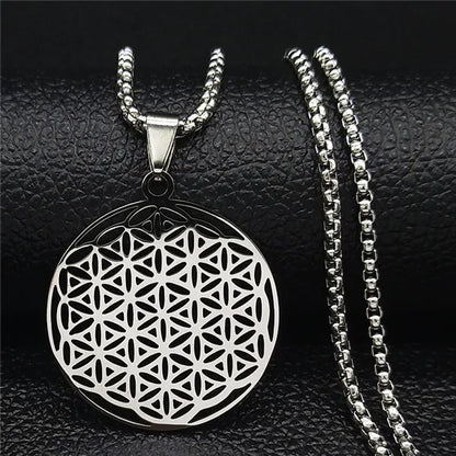 Women Men Flower of Life Stainless Steel Gold Color Mandala Long Necklace