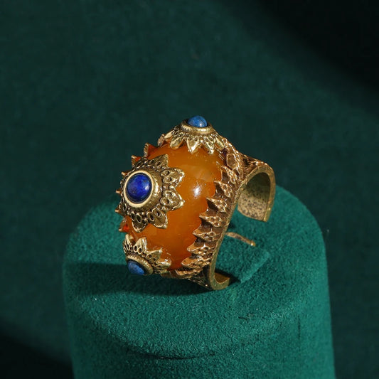 Women Luxury Vintage Blue G18K Gold-Plated Sun Yellow Stone Mystic Art Orange Onyx Ring