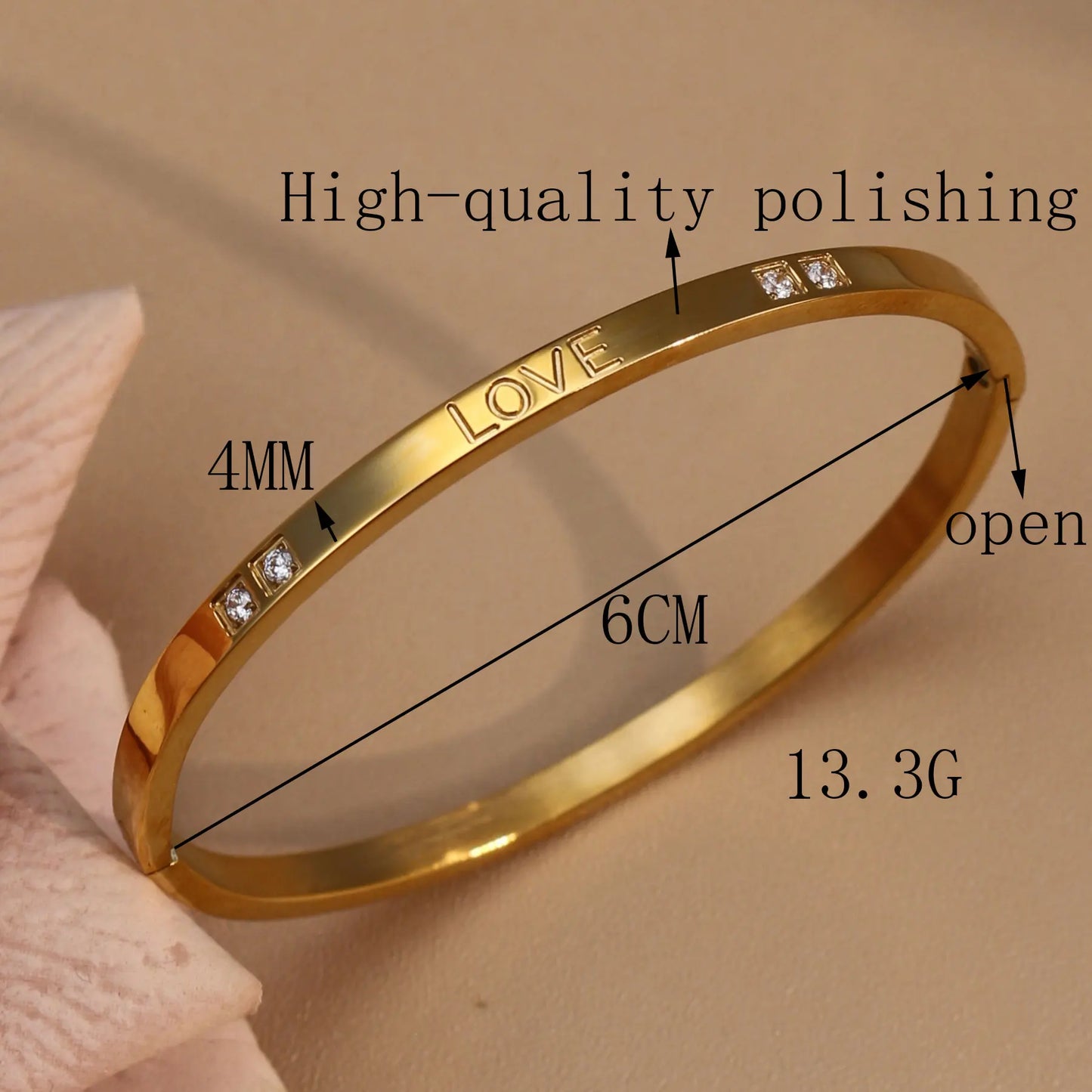 18K Gold-Plated LOVE Stainless Steel Zircon Openwork Bangle Bracelet Women's Jewelry