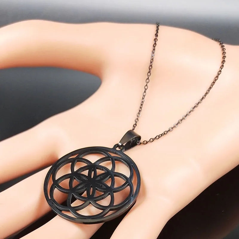 Women Men Sacred Geometry Seed of Life Talisman Yoga Flower of Life Stainless Steel Mandala Necklace