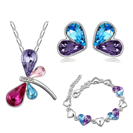 Women Crystal Dragonfly Pendant Necklace Earrings Bracelet Fashion Gift Charm Set