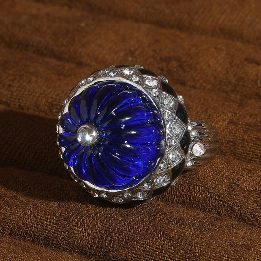 Vintage Pumpkin Blue Stone Black Drip Oil Silver Color Halloween Ring