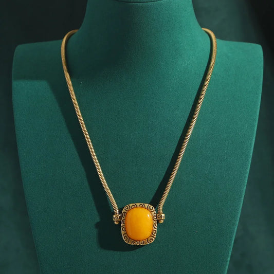 Women Vintage Gold Color Snake Chain Patterned Yellow Square Antique Pendant Necklace