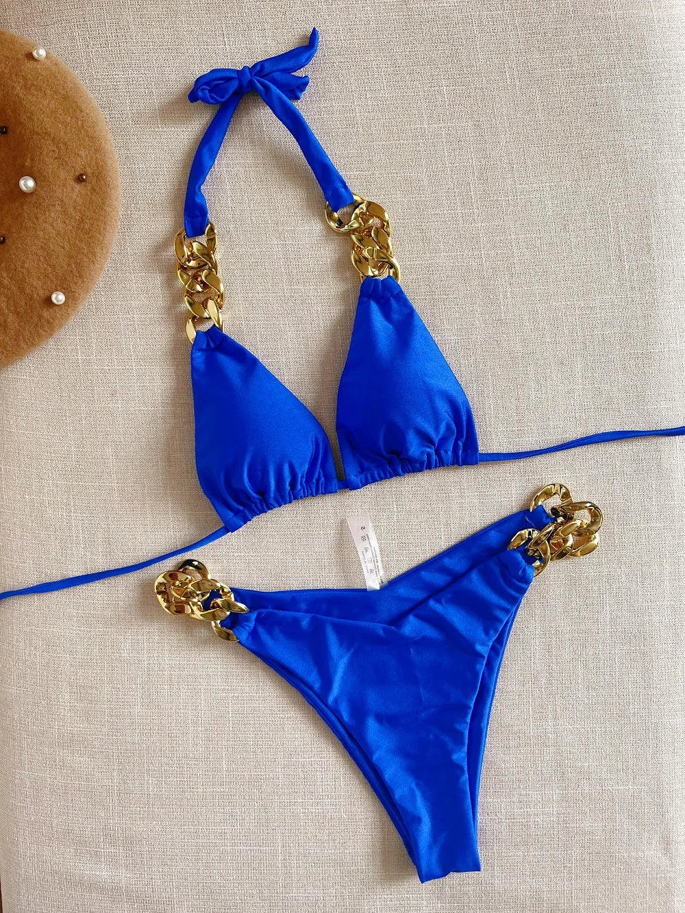 Sexy Triangle Solid Color Chain Decor Split Bikini Beachwear Brazilian Swimwear Bathing Suit