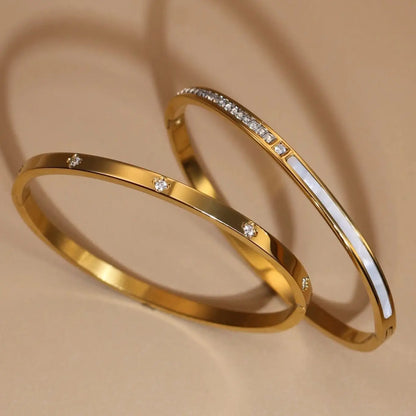 4mm Women's Stainless Steel Crystal Shell Design 18K Gold Plated 2-in-1 Bracelet Bangle