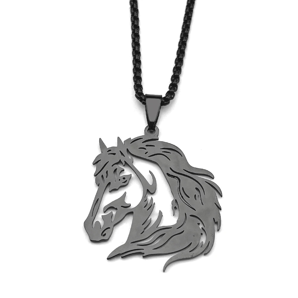 Women Men Stainless Steel Silver Color Horse Head Animal Pony West Cowboy Pendant Necklace
