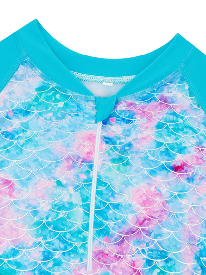 Kids Girls Short Sleeve Shinny Beach Sky Blue Skirted Bikini Briefs Swimming Suit