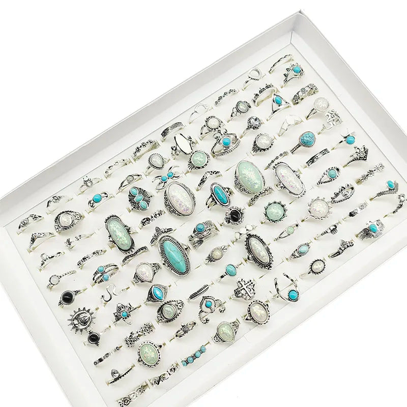 100pcs/Lot Wholesale Bohemia Mixed Style Rhinestone Snake Fake Opal Stone Enamel Rings