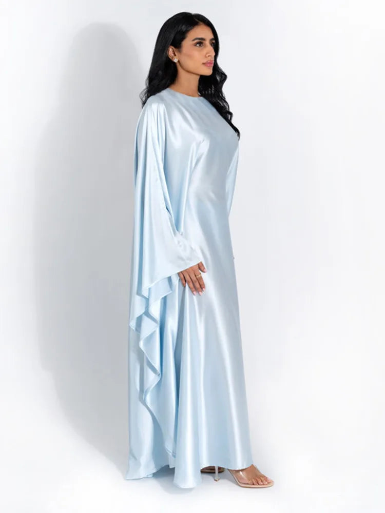 Women Satin Cloak Long Sleeve Loose Kaftan Fashion O Neck Long Dress