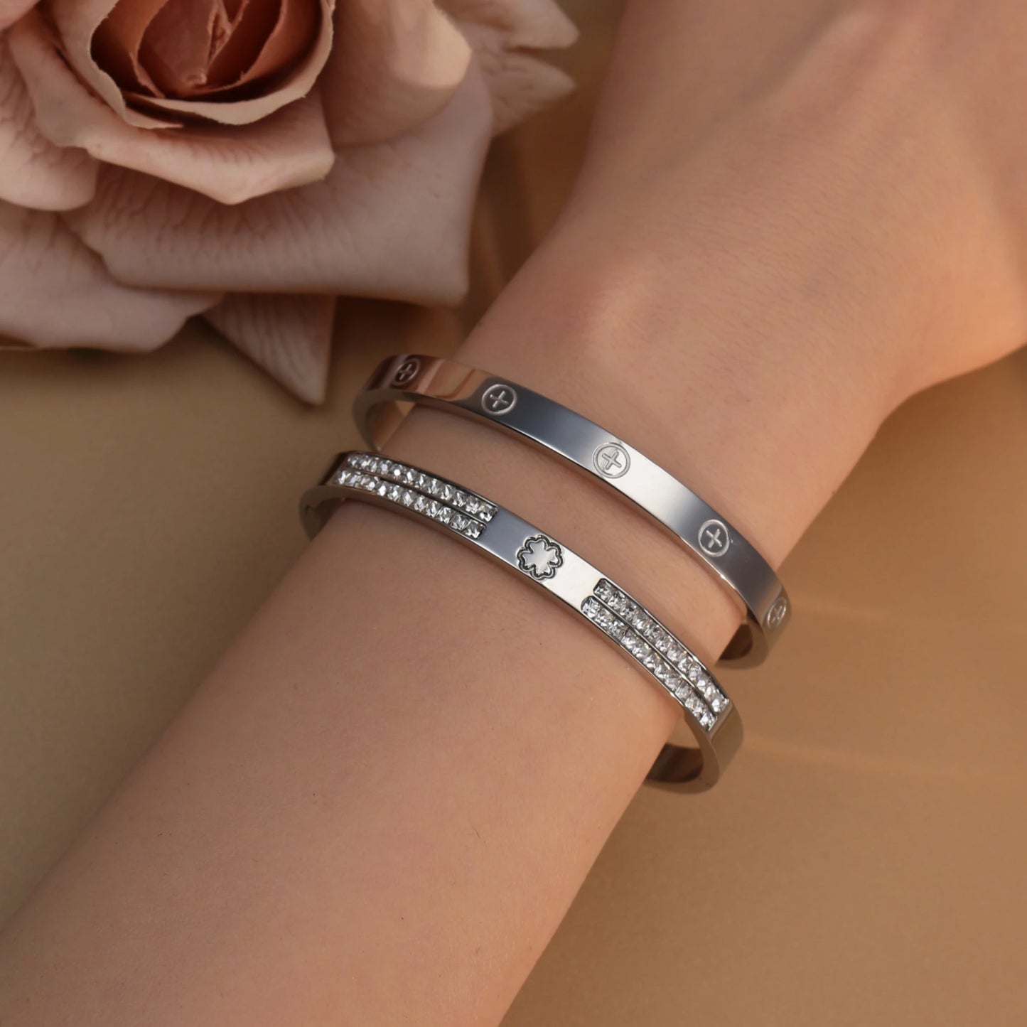 18K Gold-Plated Cross Screwdriver Stainless Steel Zircon Bangle Bracelet Women's Jewelry