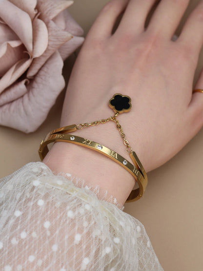Roman Numeral Crystal Flower Shaped Pendant Stainless Steel Bracelet Bangles