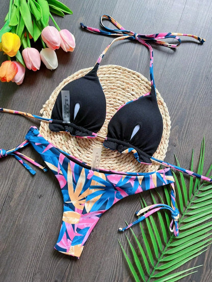 Women Print Cut Out Swimwear Low Waist Swimsuit Micro Bathing Triangle Beachwear Bikinis Set