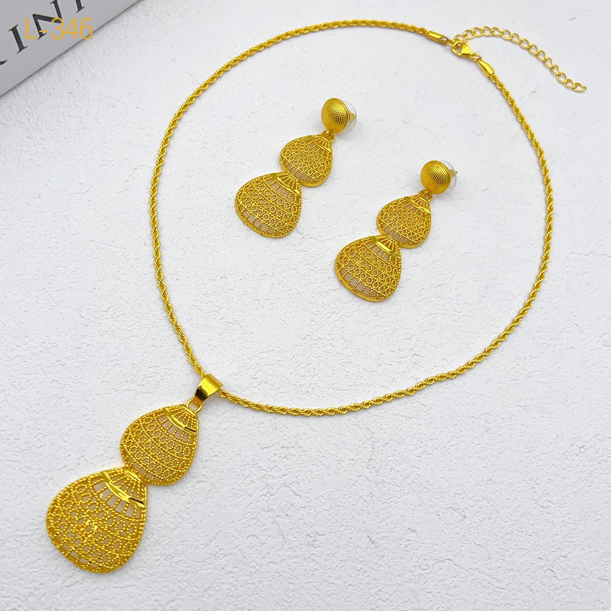 African 24K Gold Plated Women Droplet Dubai Indian Bridal Wedding Party Necklace Earrings Jewelry Set