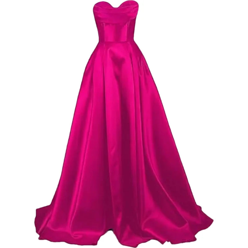 Sweetheart Strapless Pleat Satin Prom Women Long A Line Corset Formal Evening Party Dress w/ Pockets