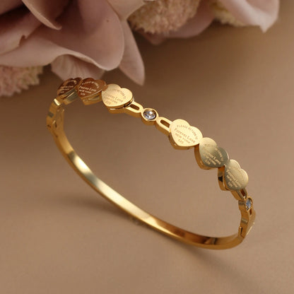 Delicate Stainless Steel Gold Color Peach Heart Crystal Design Charm Bangle Bracelet