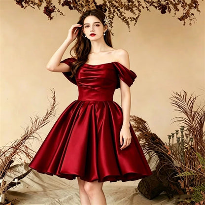 Women Off The Shoulder Satin Homecoming A Line Short Pleated Strapless Prom Evening Dress w/ Pockets