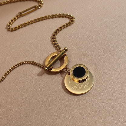 FOREVER LOVE Roman Numeral Round Stainless Steel 18K Gold Pated Women's Pendant Necklace