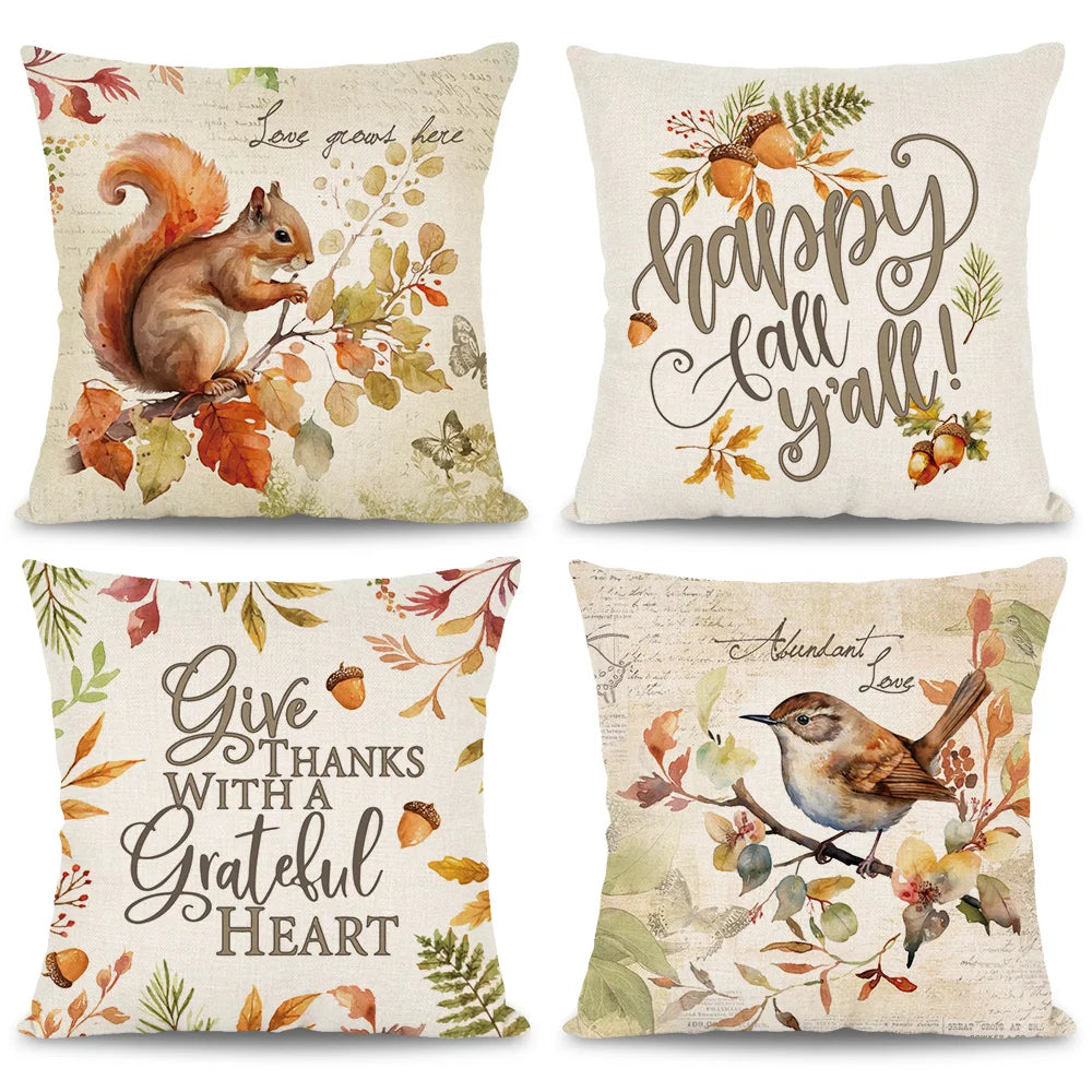 Home Decor Maple Squirrel Bird Design Thanksgiving Cushion Pillowcase Covers
