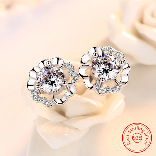 Genuine 925 Sterling Silver Bridal Wedding Flower Crystal Zircon Stud Earrings