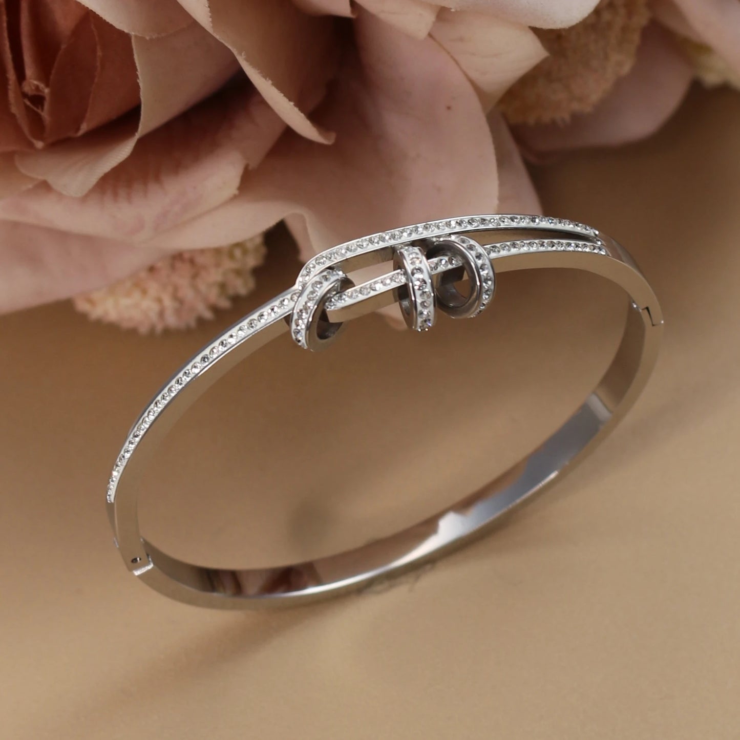 Delicate Crystal Cutout Knot Stainless Steel Gold Color Women's Charm Bracelet
