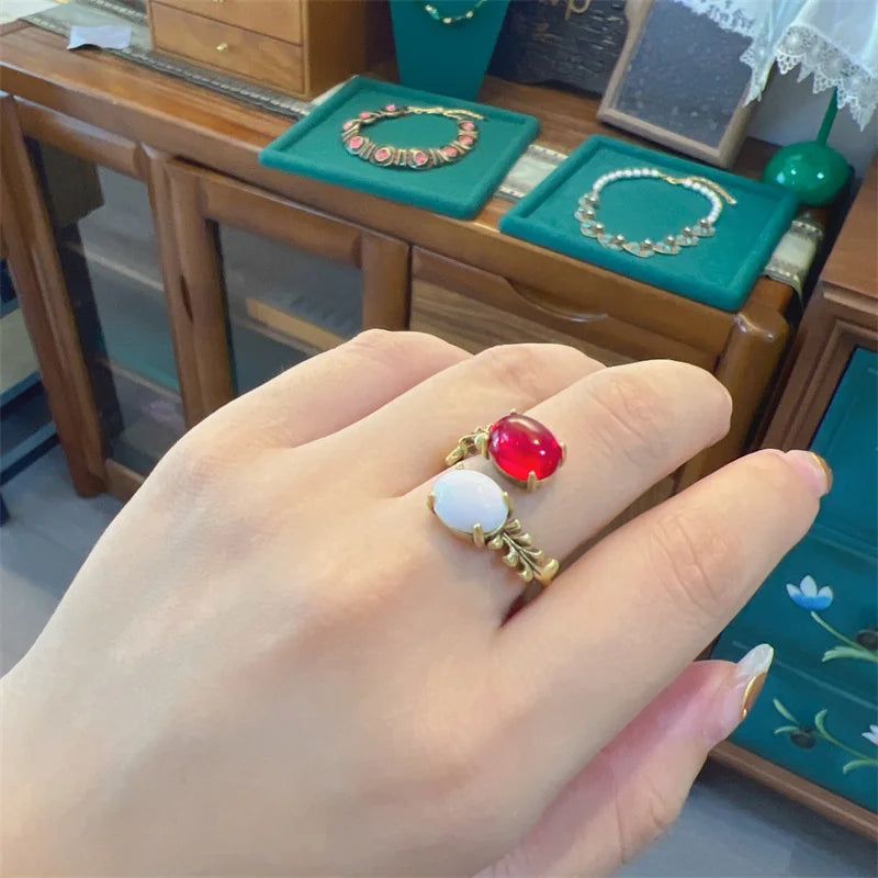 Women Red Oval Round Natural Stone Vintage Open Engagement Rings
