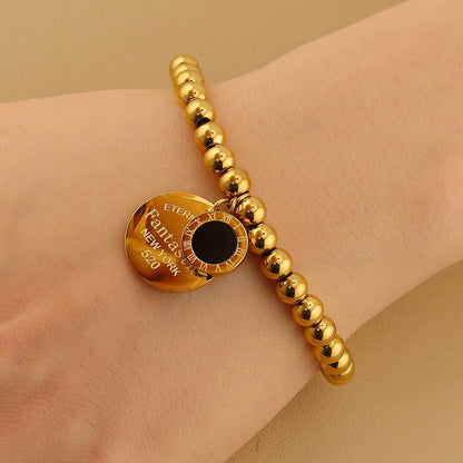 Women Fashion Cutout Medallion Pendant Elastic Rope Stainless Steel Bead Chain Bracelet