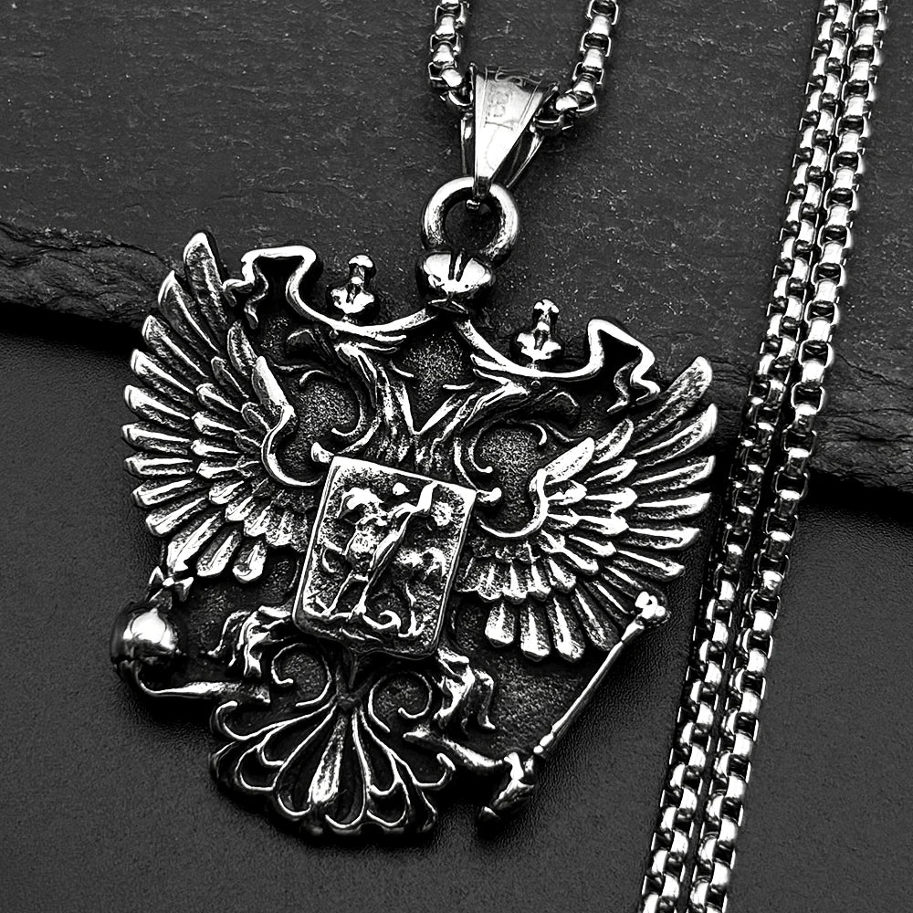 Women Men Silver Color Stainless Steel Russian Double-Headed Eagle National Emblem Symbol Pendant Necklace