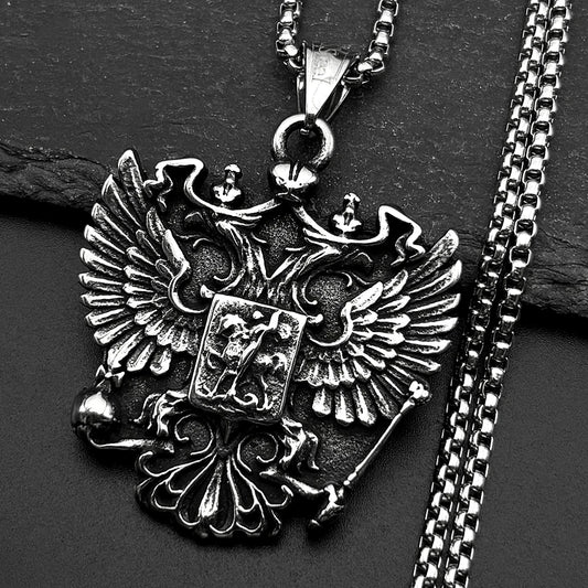 Women Men Silver Color Stainless Steel Russian Double-Headed Eagle National Emblem Symbol Pendant Necklace