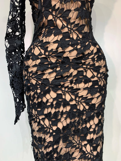 Sexy Lace Diagonal Collar Single Shoulder Long Sleeve Bandage Party Evening Dress