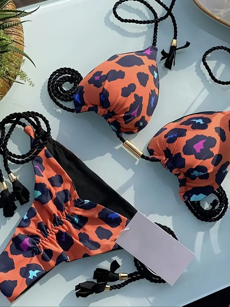 Women Leopard Print Bikini Triangle Braiding Rope Bathing Halter Swimwear Bandage Brazilian Suit