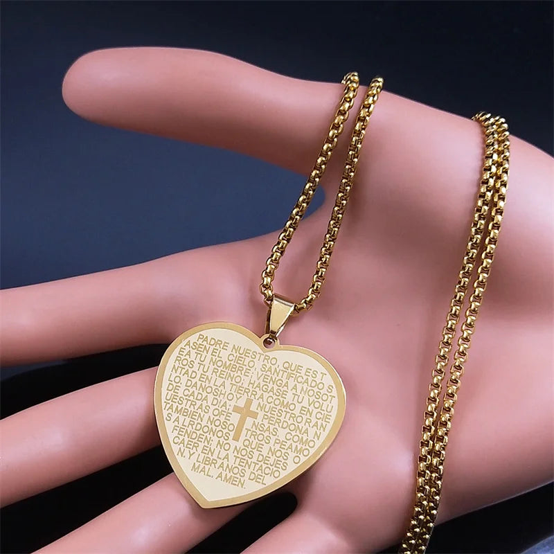 Spanish Religious Catholic Holy Bible Verse Projection Cross Heart Stainless Steel Necklace